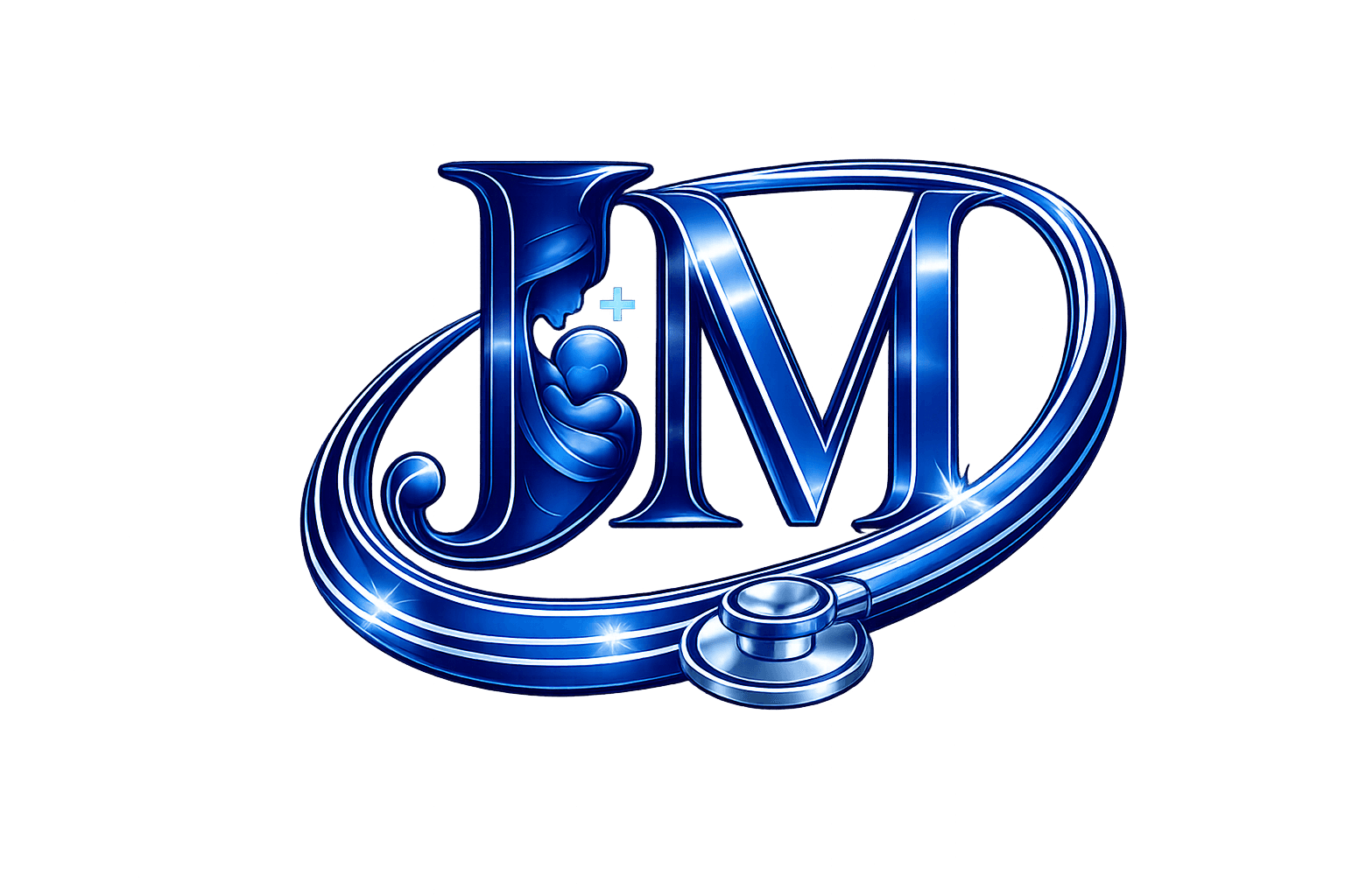 Metallic blue J and M logo with mother-child silhouette, small cross, and encircling stethoscope.