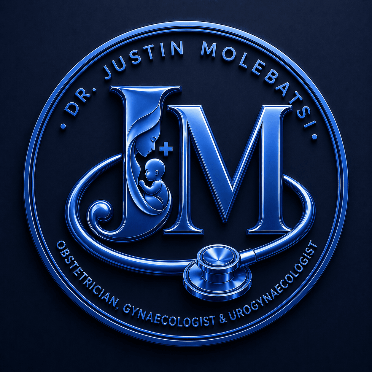 Blue metallic logo for Dr. Justin Molebatsi featuring initials JM, mother, baby, and stethoscope.