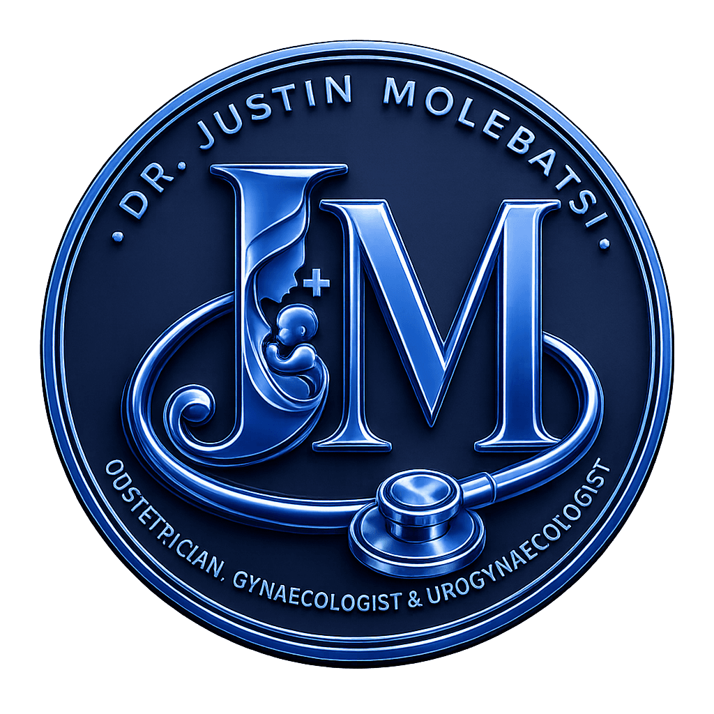 Blue circular logo for Dr. Justin Molebatsi featuring JM initials, mother-baby silhouette, and stethoscope.