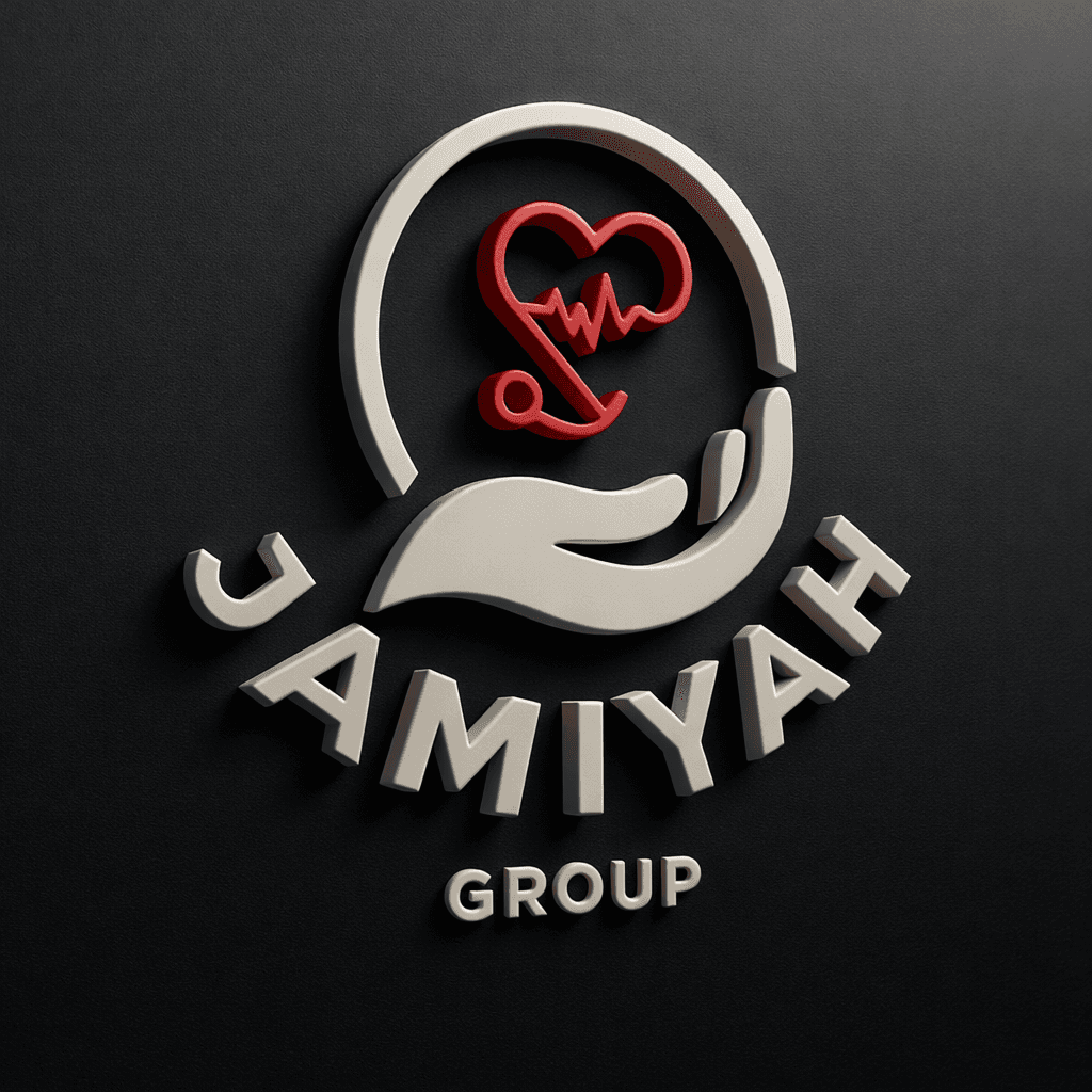 3D Jamiyah Group logo with a hand cradling a red heart, stethoscope, and heartbeat line.